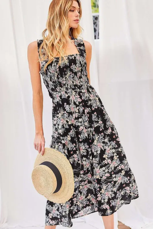 Dress - Smoking Back Cross Tie - Black Floral - Large