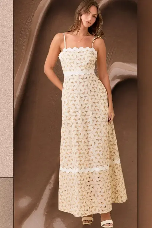 Dress - Floral Maxi Eyelet - Ivory &amp; Taupe - Small