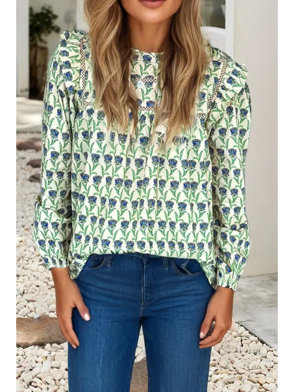 Top - Floral Print Green &amp; Blue, Lace Trim Detail - Small
