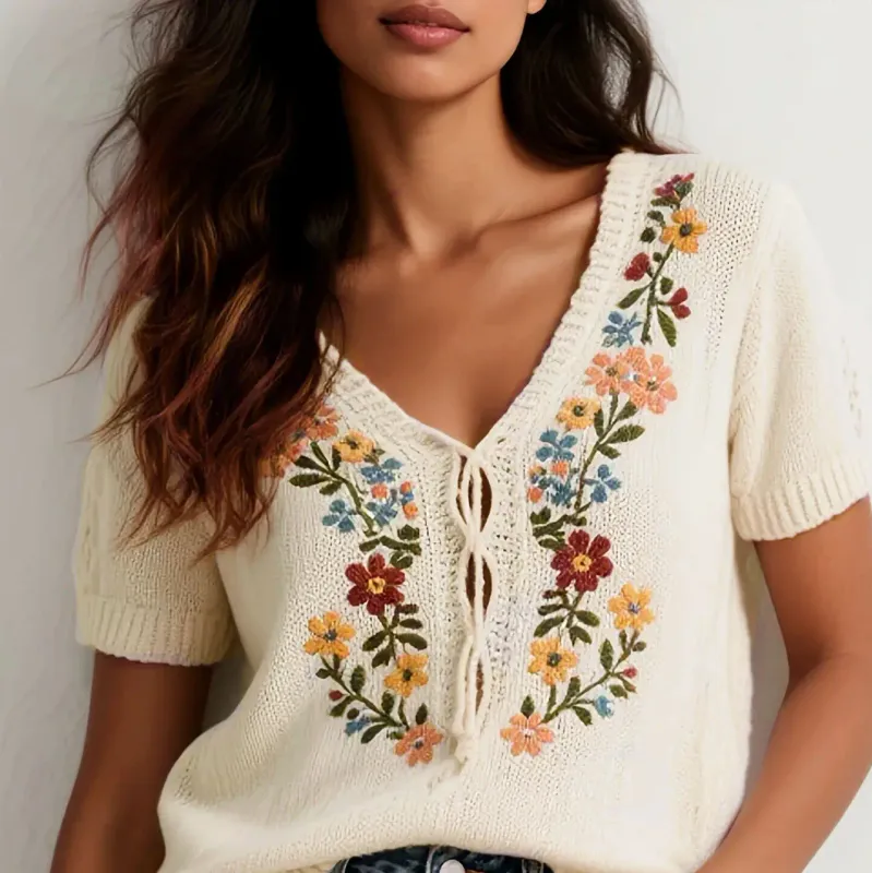 Sweater - Knitted Bohemia Flower Embroidered - X - Large