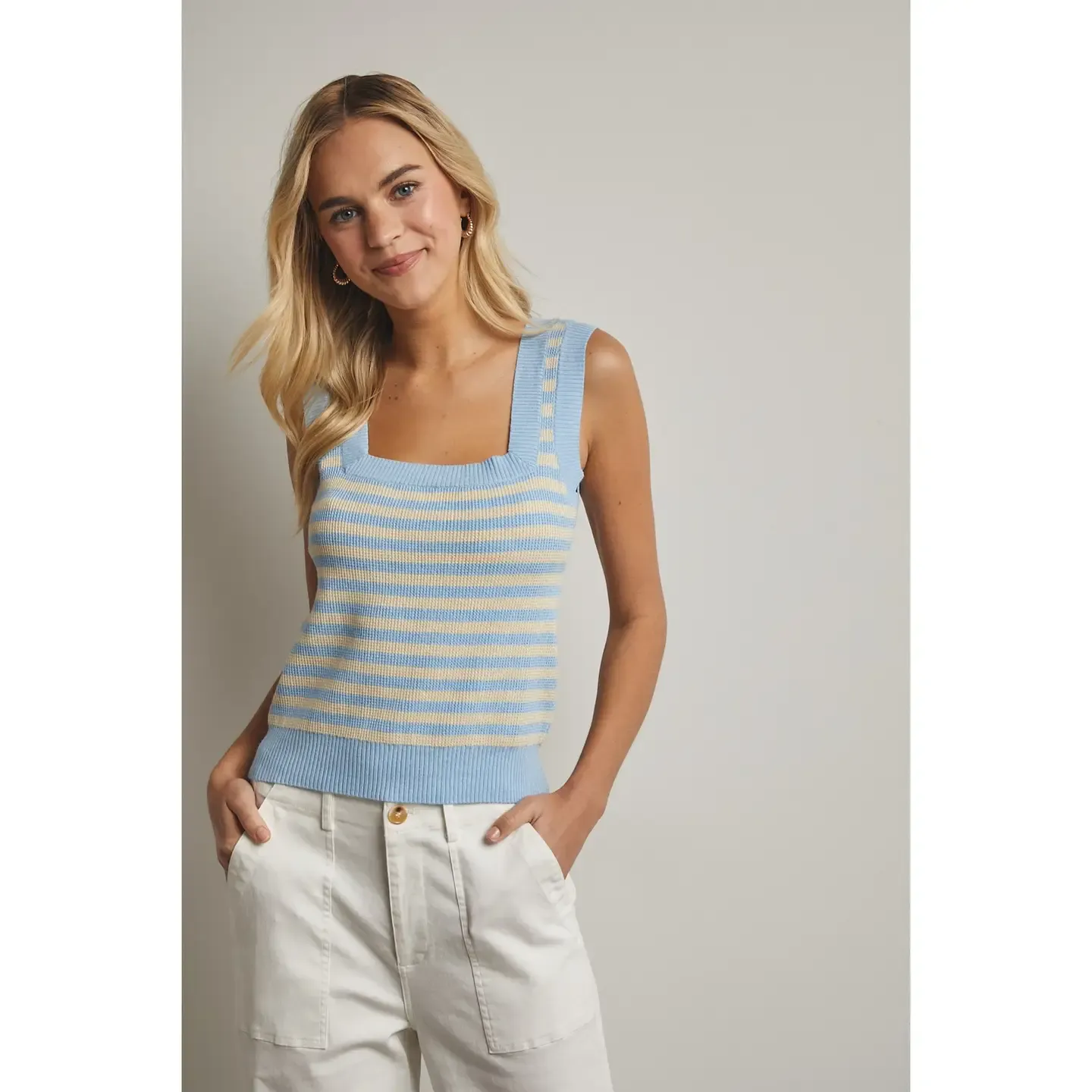 Top - Tank - Striped Blue Square Neck - Large