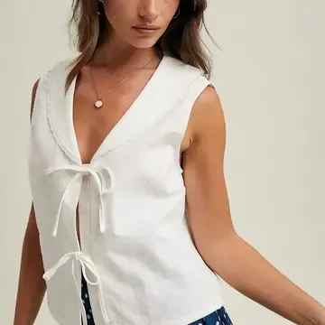 Top - Tank - Linen Front Tie - White - Medium