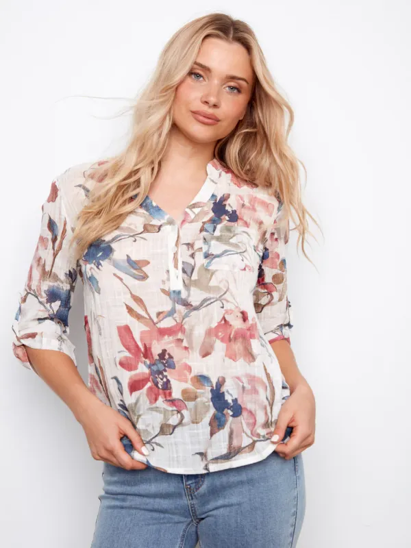 Top - Printed Roll Up Slee Artiste - X - Large