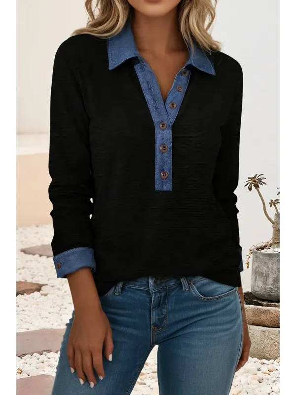 Top - Knit Denim Button Polo Long Sleeve - Large