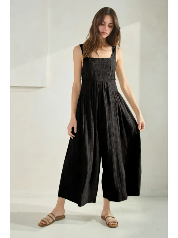 Jumpsuit - Crinkled Fabric Wide Leg - Black - Small