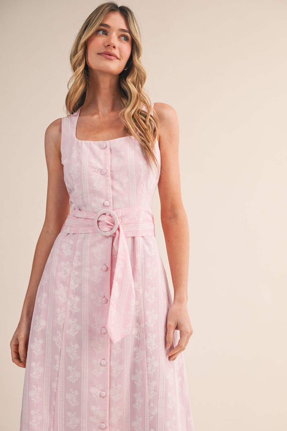 Dress - Striped Floral Print - Pink - Small