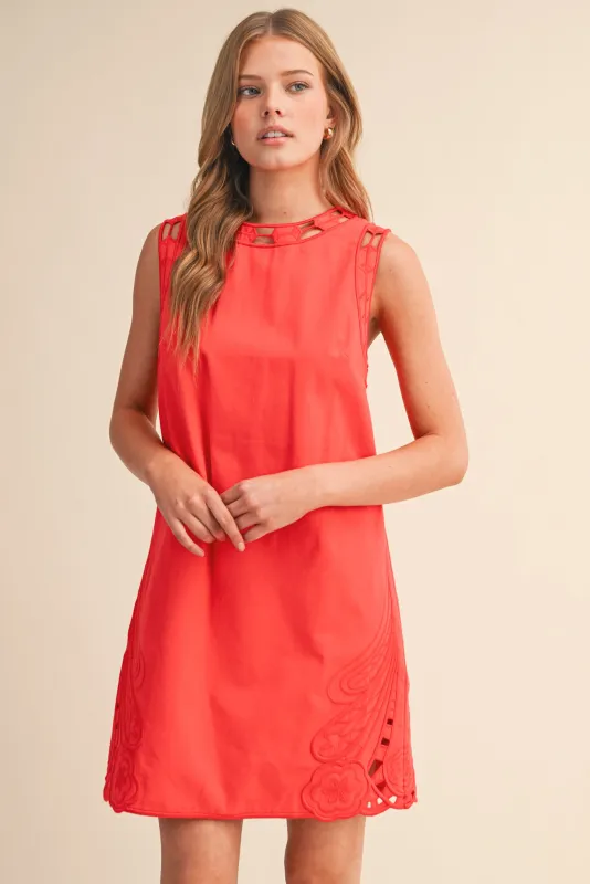 Dress - Embroidered Cut Out - Red - Small