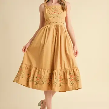 Dress - Floral Embroidery Midi - Sand Stone - Small