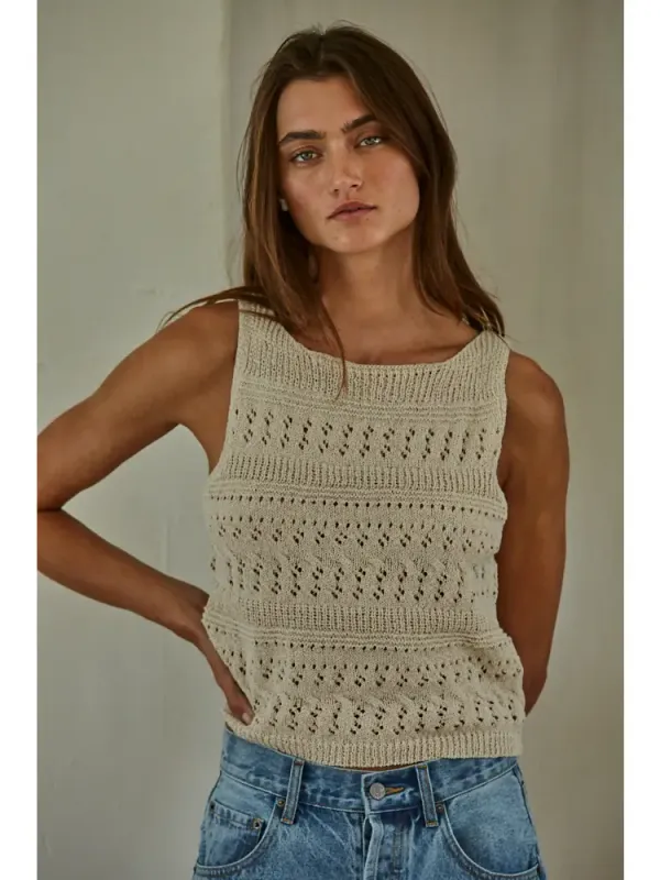Top - Knit Sweater Tank - Light Taupe - Large