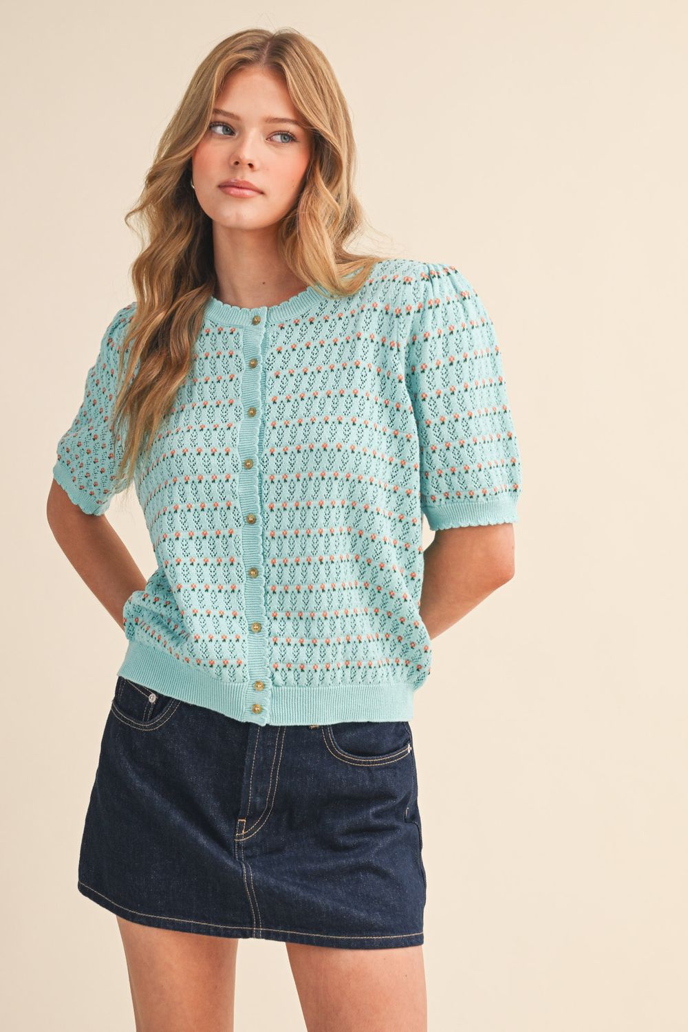 Sweater - Pointelle Short-Puff - Turquoise/Orange - Large