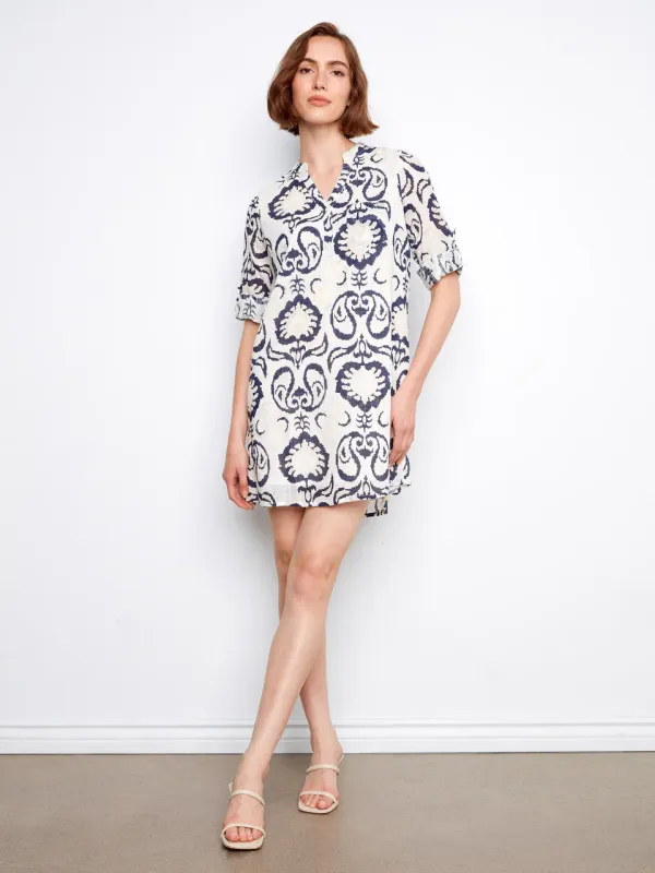 Dress - 3/4 Sleeve Henley - Ornament Print - Cream &amp; Navy - X-Large