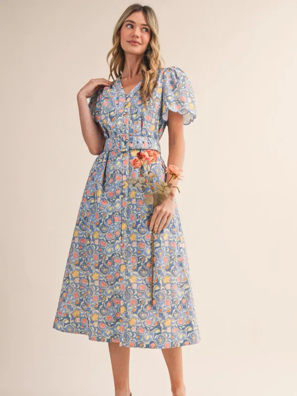 Dress - Floral Button Down w/Belt - Ocean - Small