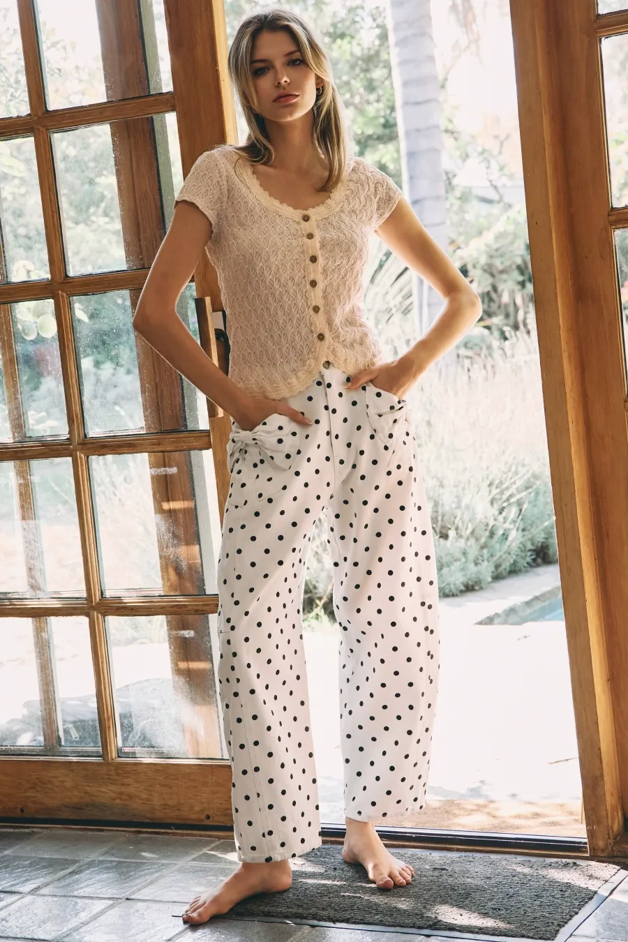 Pants - Polka Dot Printed Denim - Black &amp; White - Large