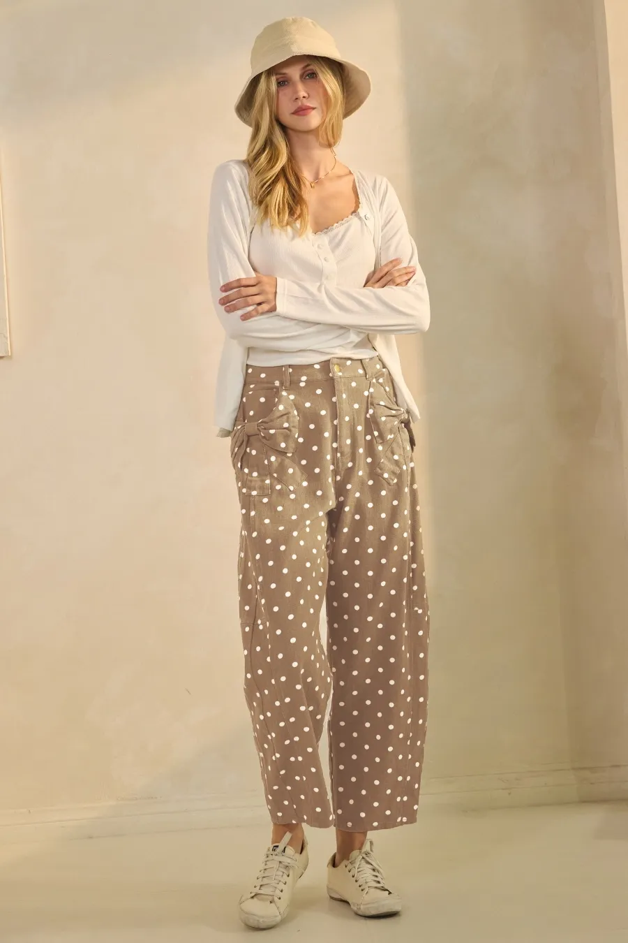 Pants - Polka Dot Printed Denim - Taupe &amp; White - Large