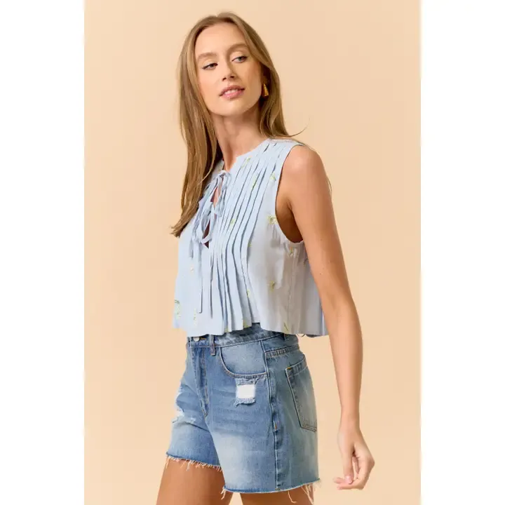 Top - Sleeveless Flower Print Pleated - Blue - Large
