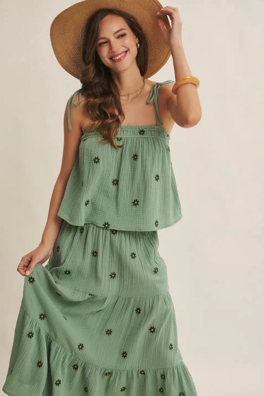 Skirt Set - Gauze Smocked - Golden Green - Small