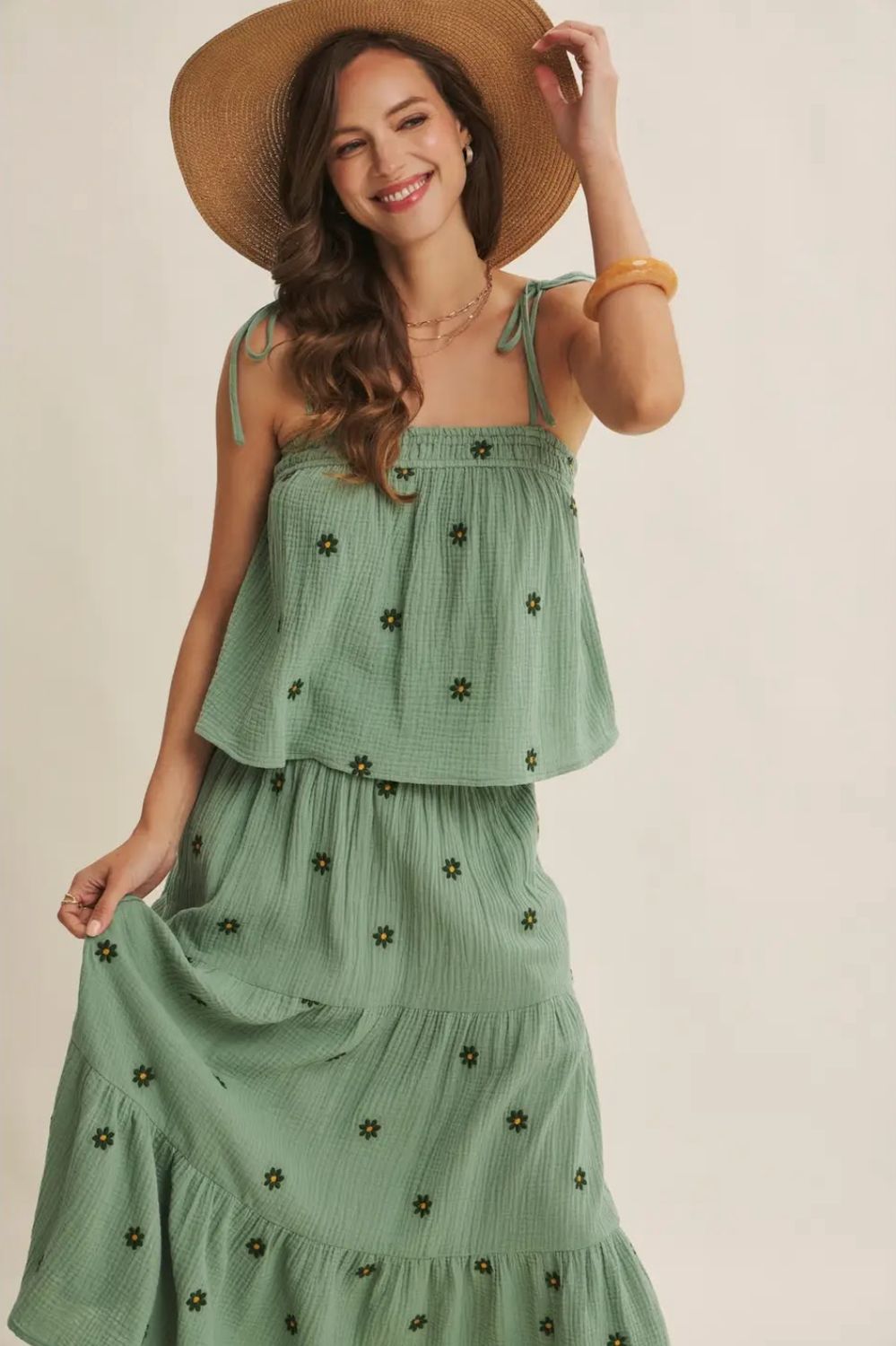 Skirt Set - Gauze Smocked - Golden Green - Large