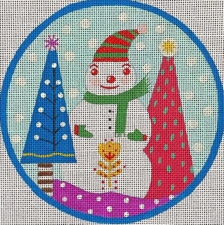 M2135: Snowman w/Blue &amp; Red Xmas Trees Round (18 ct)
