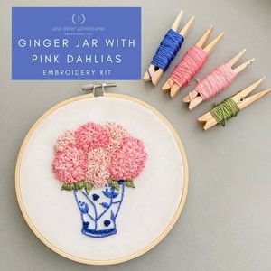 Ginger Jar w/Pink Dahlias Embroidery Kit
