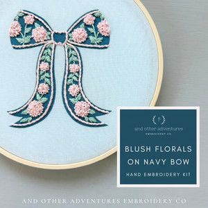 Blush Florals on Navy Bow Embroidery Kit