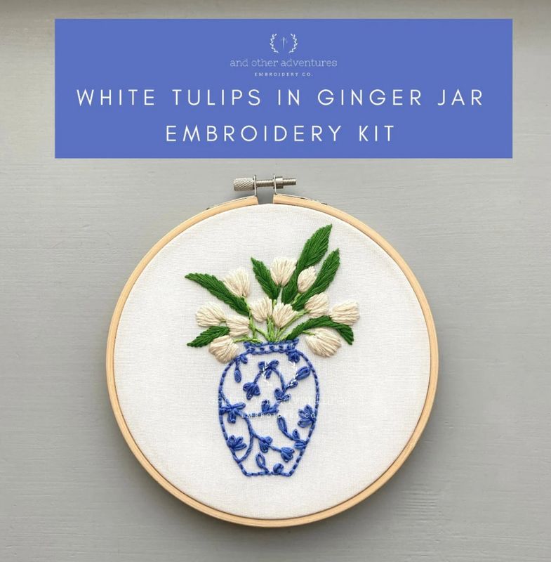 Ginger Jar with White Tulips Embroidery Kit