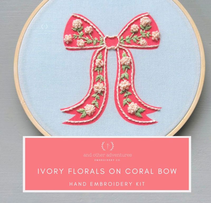 Ivory Florals on Coral Bow Embroidery Kit