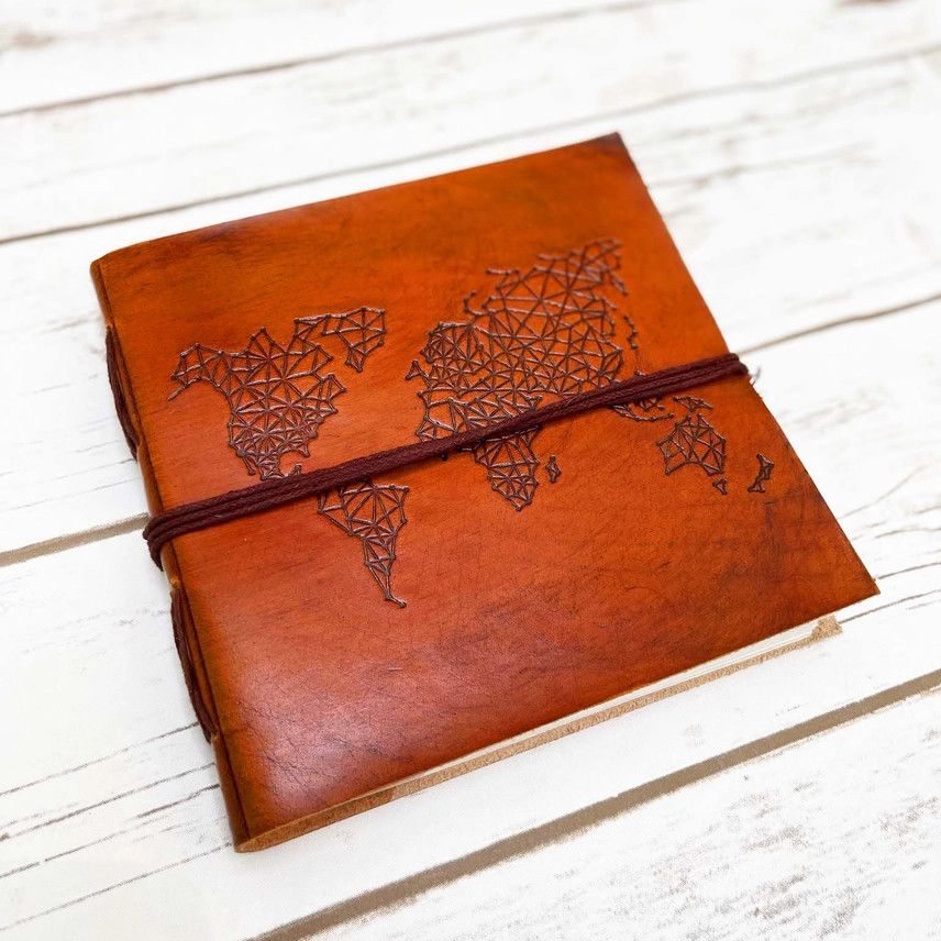 Soothi Leather Journal - World Map 7x7  Artist-Made