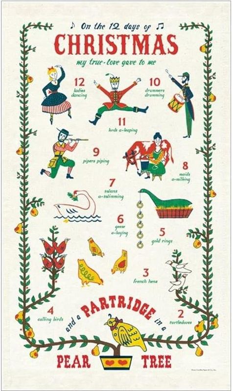 Cavallini Papers Vintage Tea Towel - Twelve Days of Christmas
