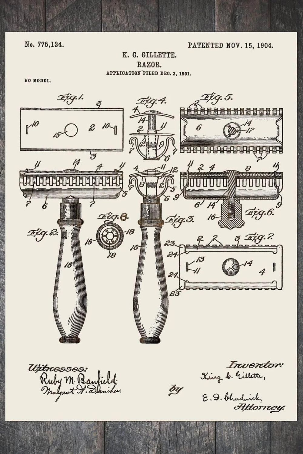 Fire and Pine Patent - Gillette Razor, Papier Blanc Mini
