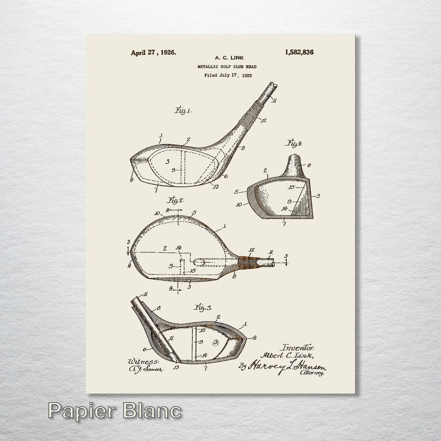 Fire and Pine Patent - Golf Driver 1926, Papier Blanc Mini