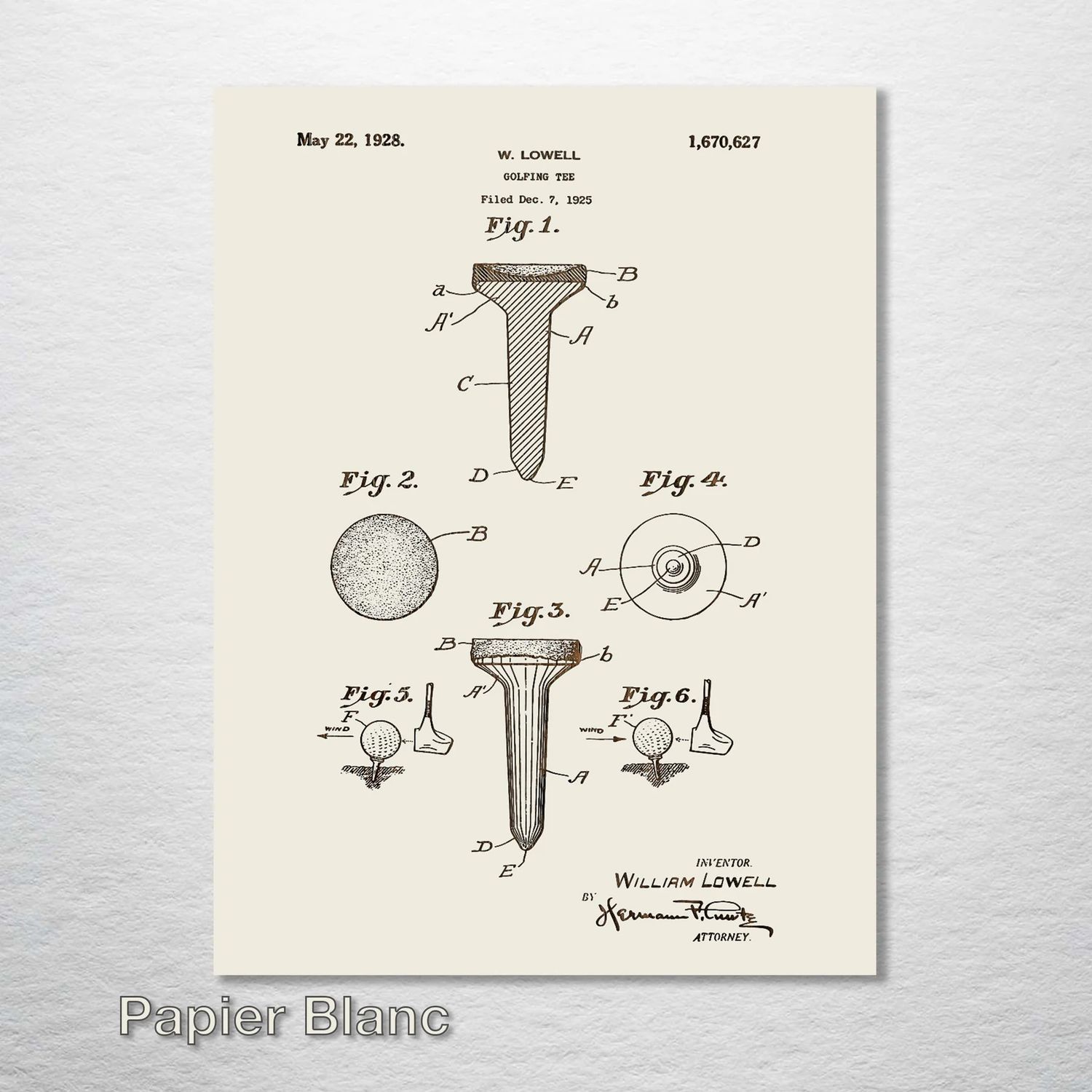 Fire and Pine Patent - Golfing Tee 1925, Papier Blanc Mini