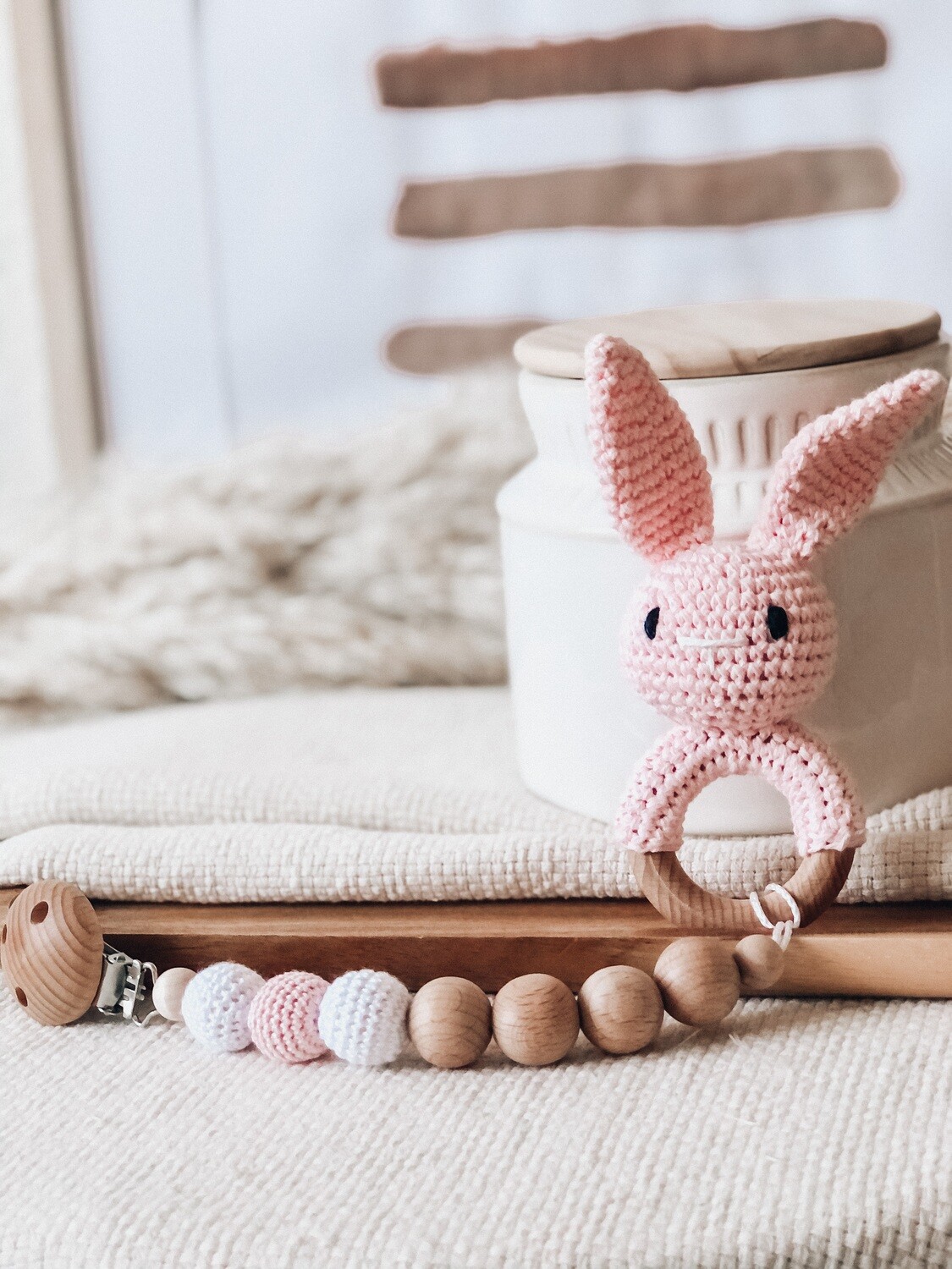 2 in 1 Schnullerkette und Beissring / Hase rosa