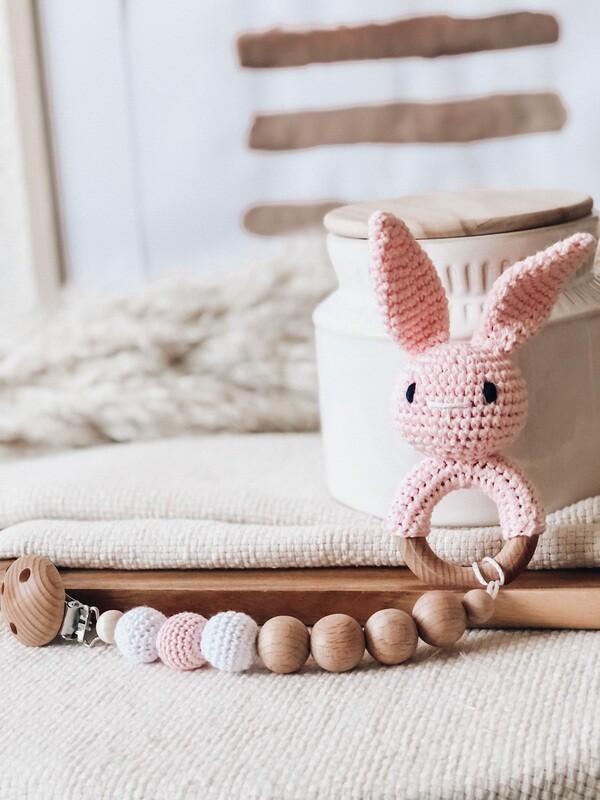 2 in 1 Schnullerkette und Beissring / Hase rosa