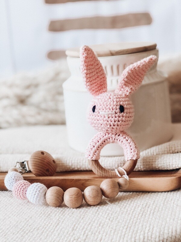 2 in 1 Schnullerkette und Beissring / Hase rosa