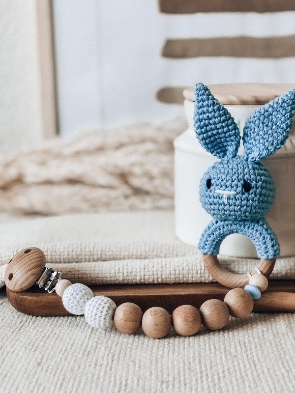 2 in 1 Schnullerkette und Beissring / Hase blau