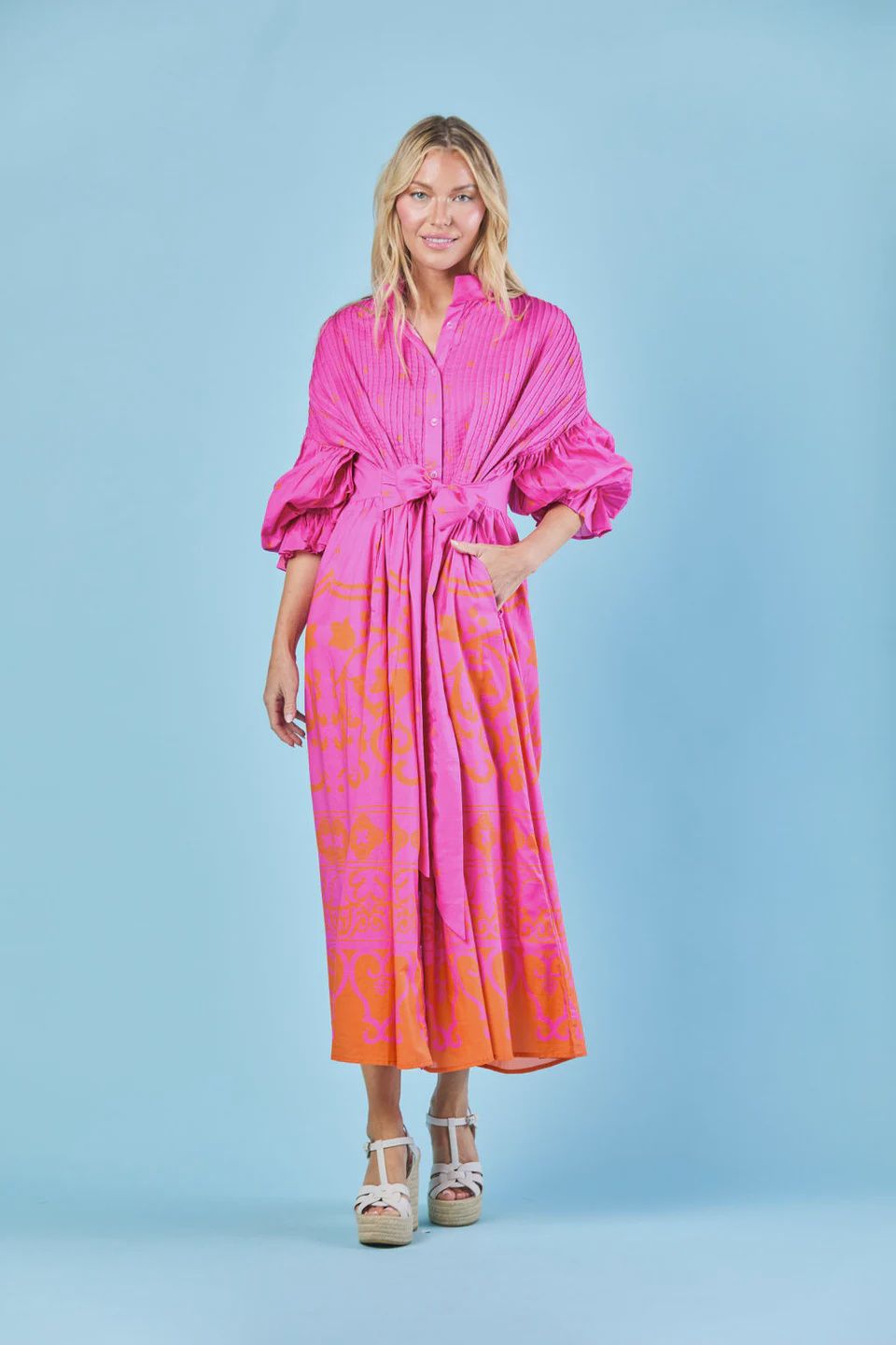 Puff Sleeve Tie Waist Fuchsia Cotton Voile Dress - Hibiscus Tulum - ONE SIZE
