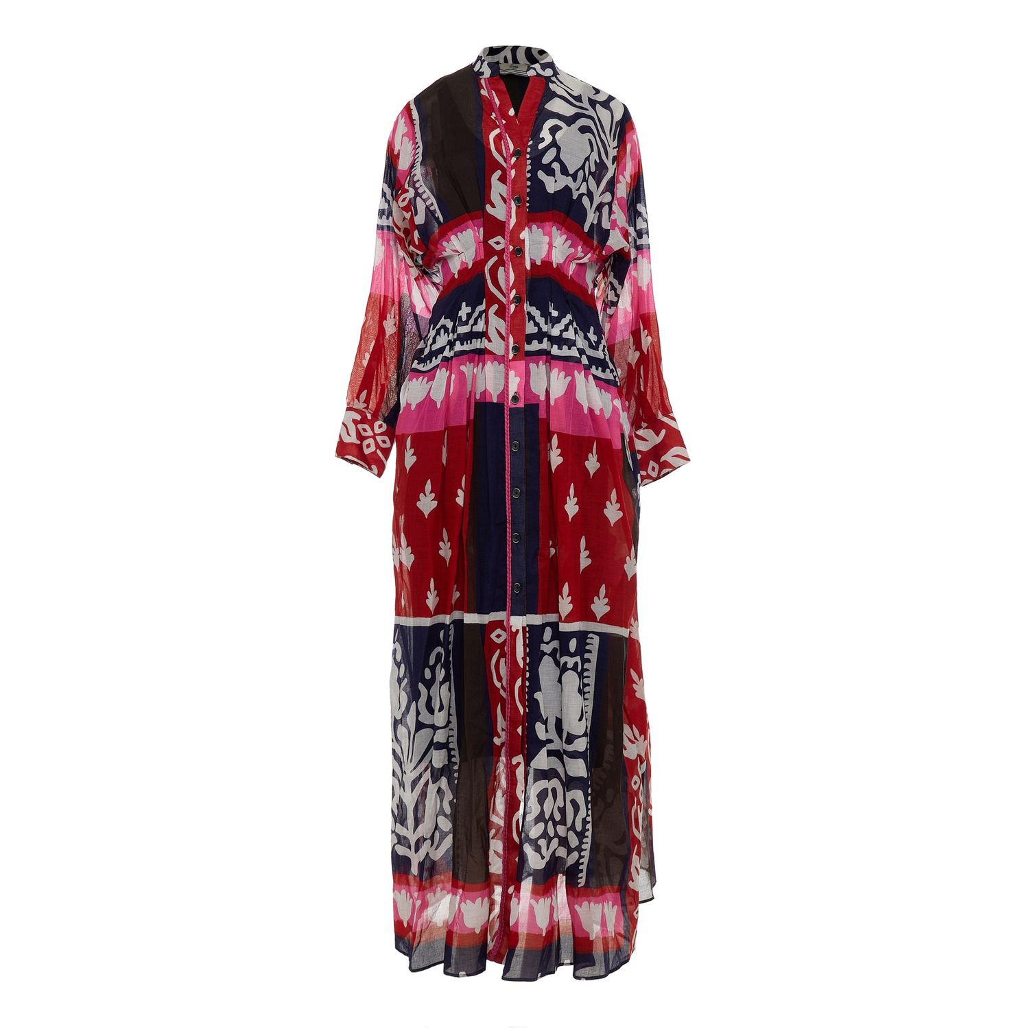 Long Sleeve Cotton Tribal Print Shirt Dress - Blue/Red