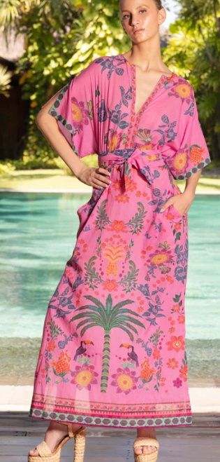 V Neck Tie Waist Wide Sleeve Maxi Kaftan - Pink Palm