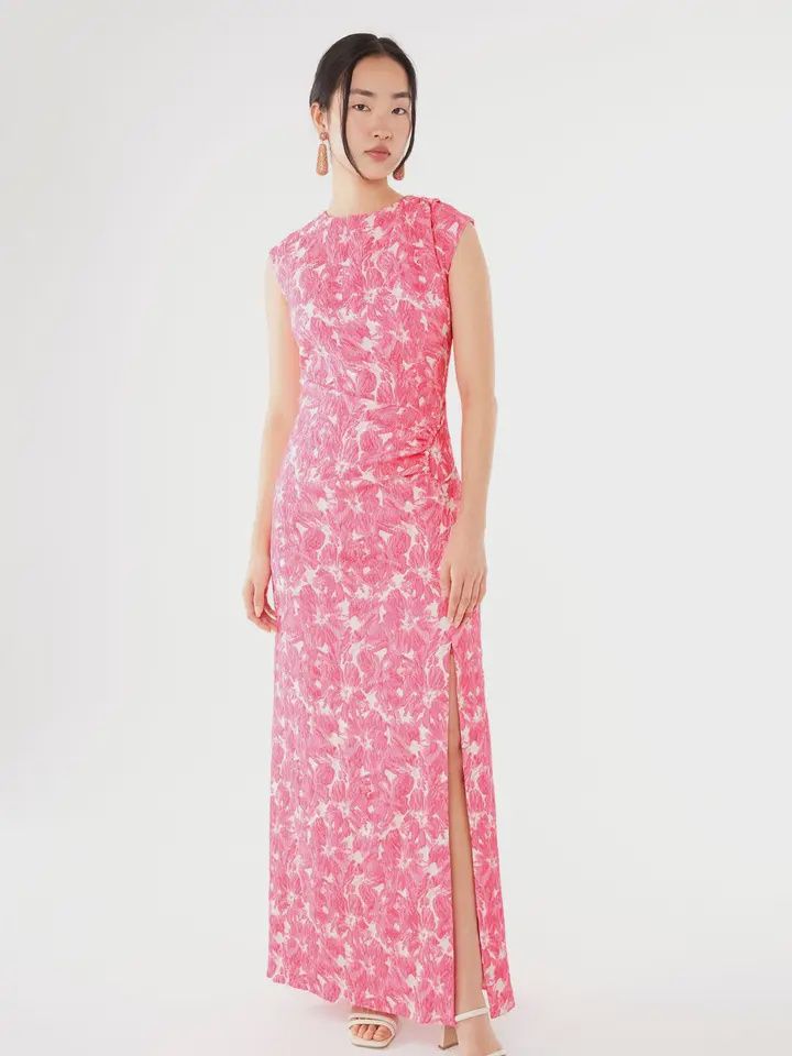 Cap Sleeve Jacquard Print Dress - Hibiscus Pink