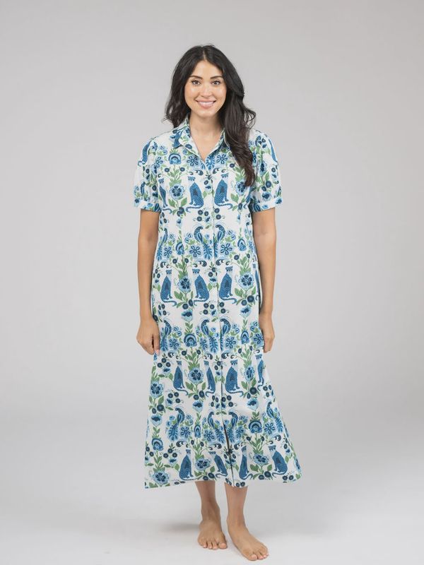 Leopard Print Short Sleeve Shirt Dress - Blue Leopard