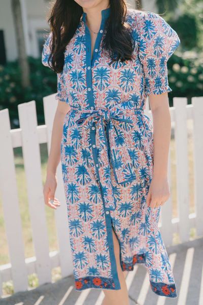Button Down Tie Waist Midi Dress - Red/White/Blue