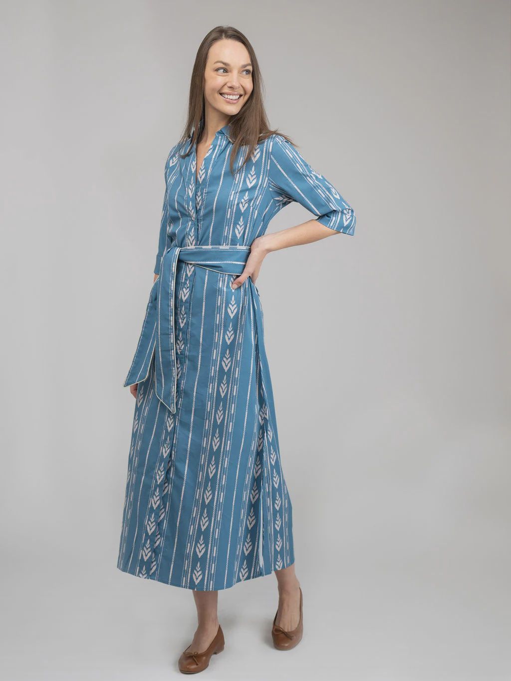 Collared Ikat Print Belted Kaftan - Blue Ikat Stripe