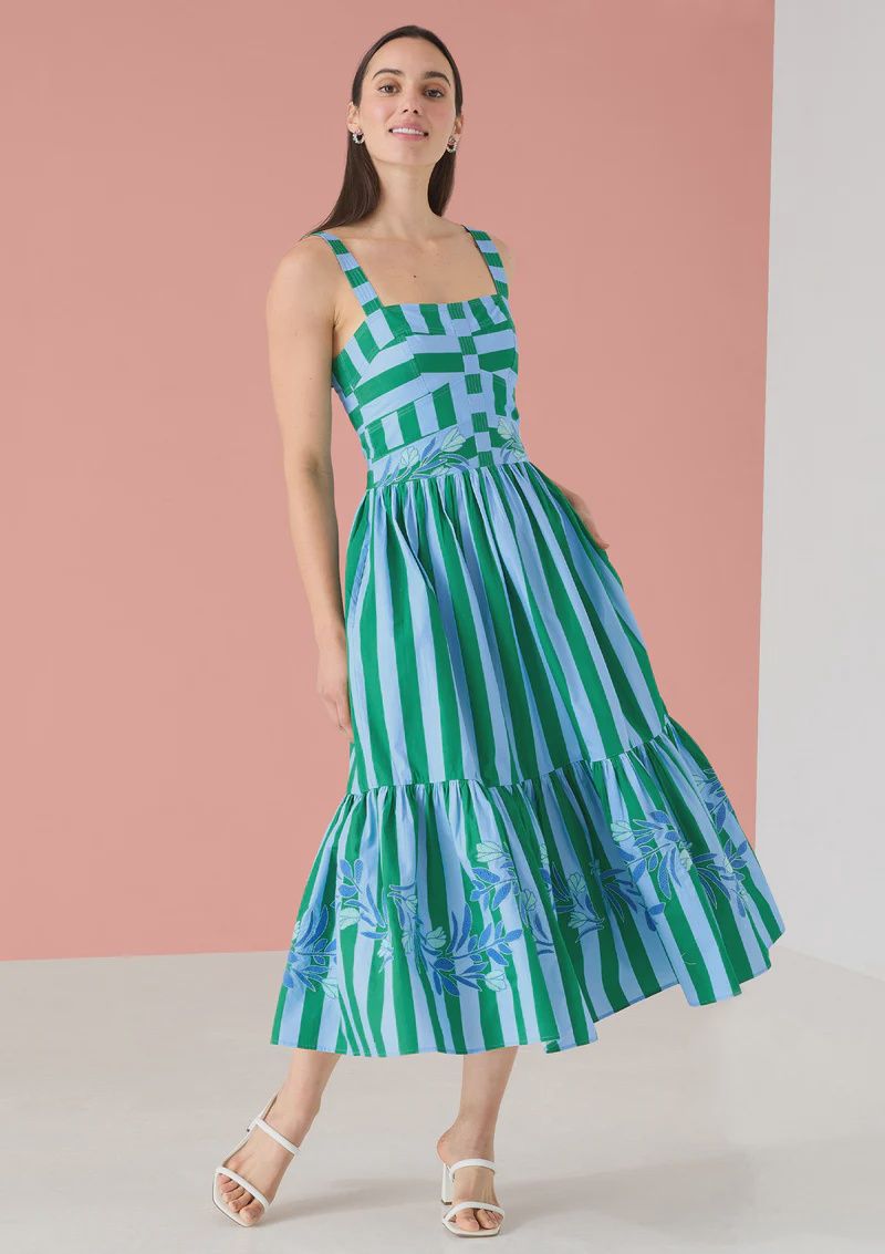 Floral Embroidered Striped Midi Dress - Blue/Green Stripe