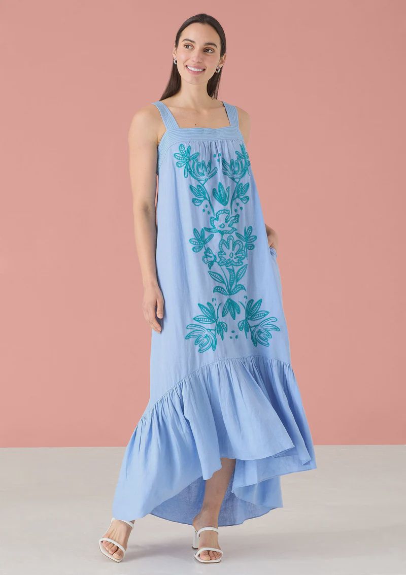 Ruffle Bottom Floral Embroidered Linen Dress - Blue
