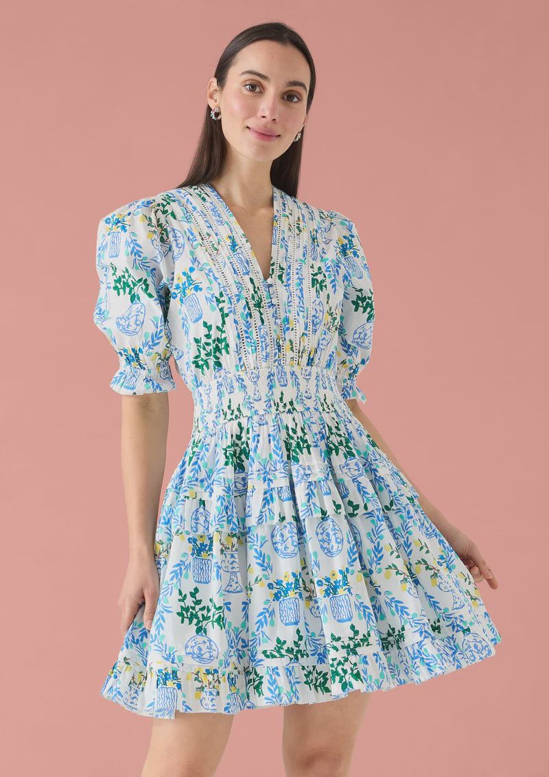 Puff Sleeve Floral Print Smocked Waist Short Dress -White/Blue