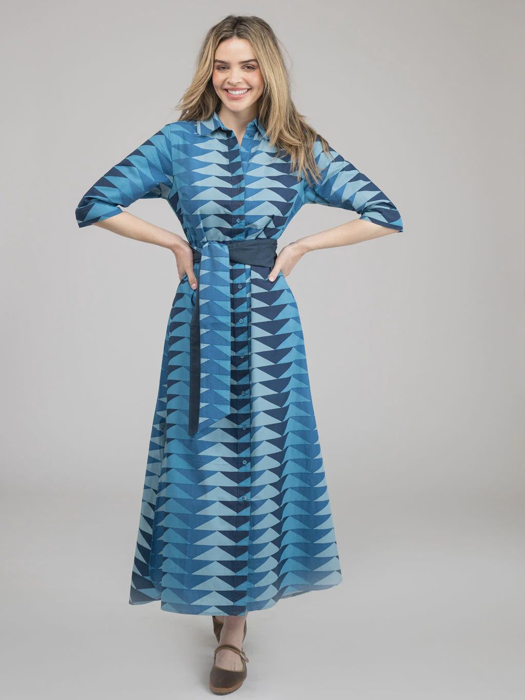 The Eloise Collared Belted Shirt Dress - Blue Triangle
