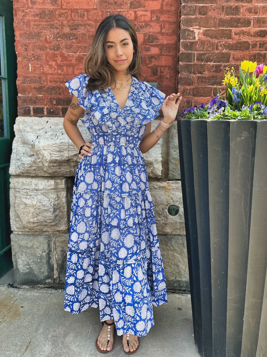Maxime Zeaberg Leanna Dress - CottonFlutter Sleeve V Neck Tiered Floral Print Maxi Dress 100% Cotton