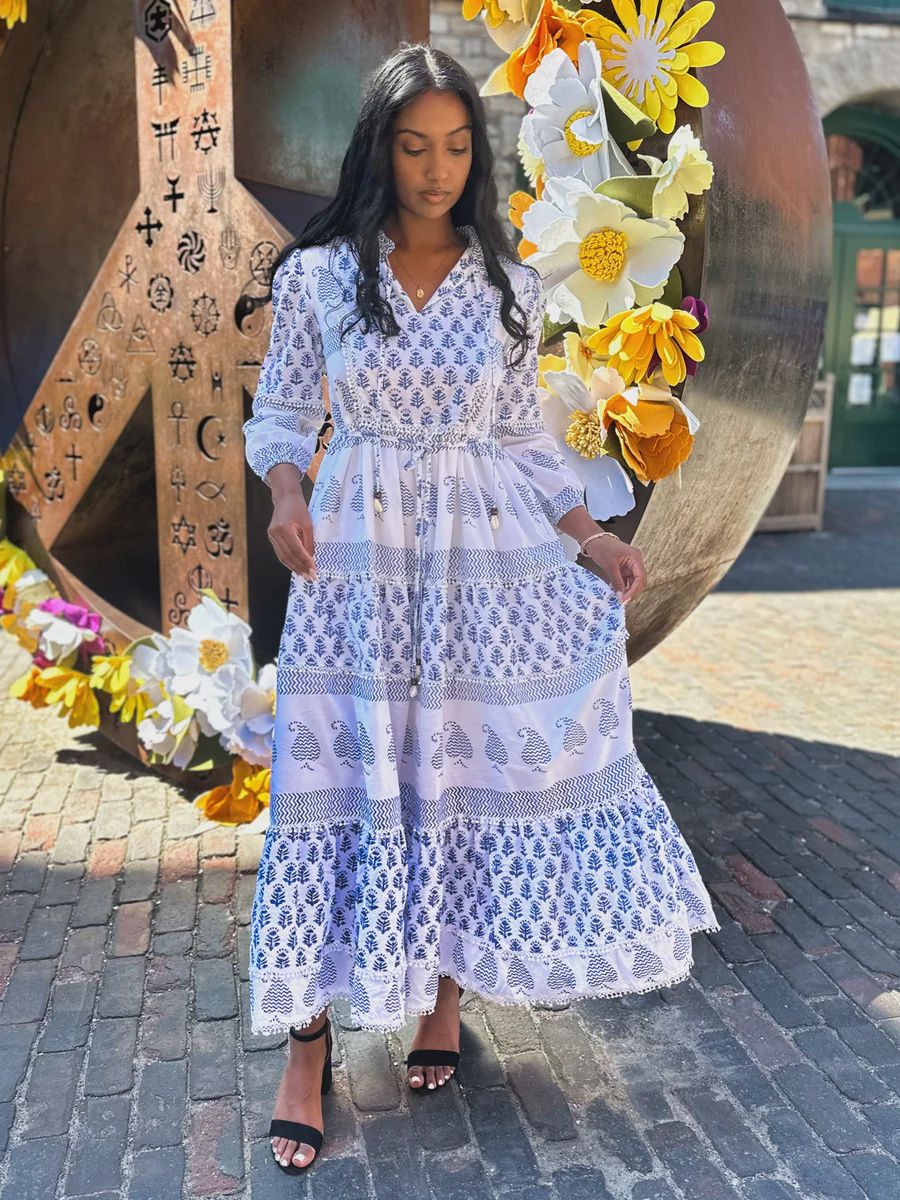 Maxime Zeaberg Long Sleeve Santorini Dress - Blue and White