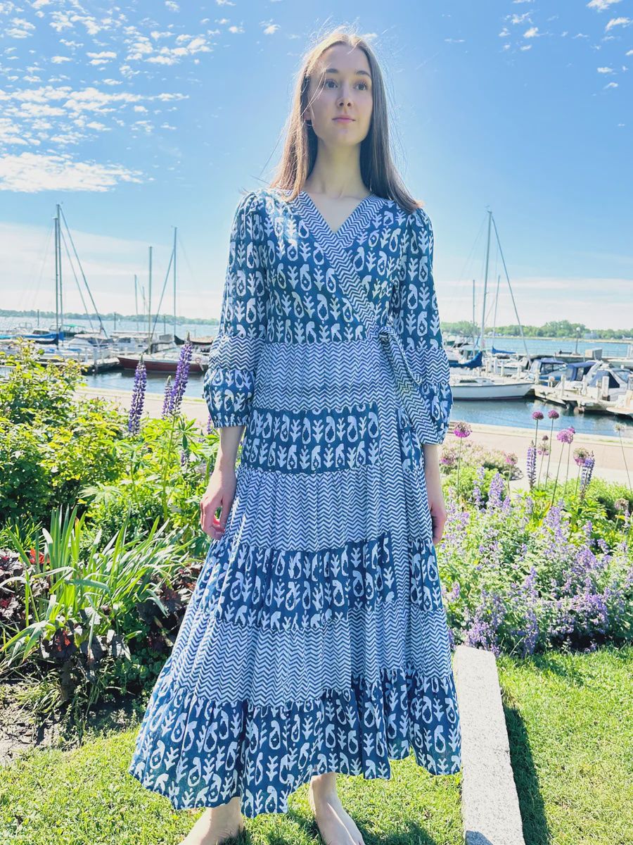 Maxime Zeaberg Long Sleeve Geo Print Maxi Dress - Navy/White