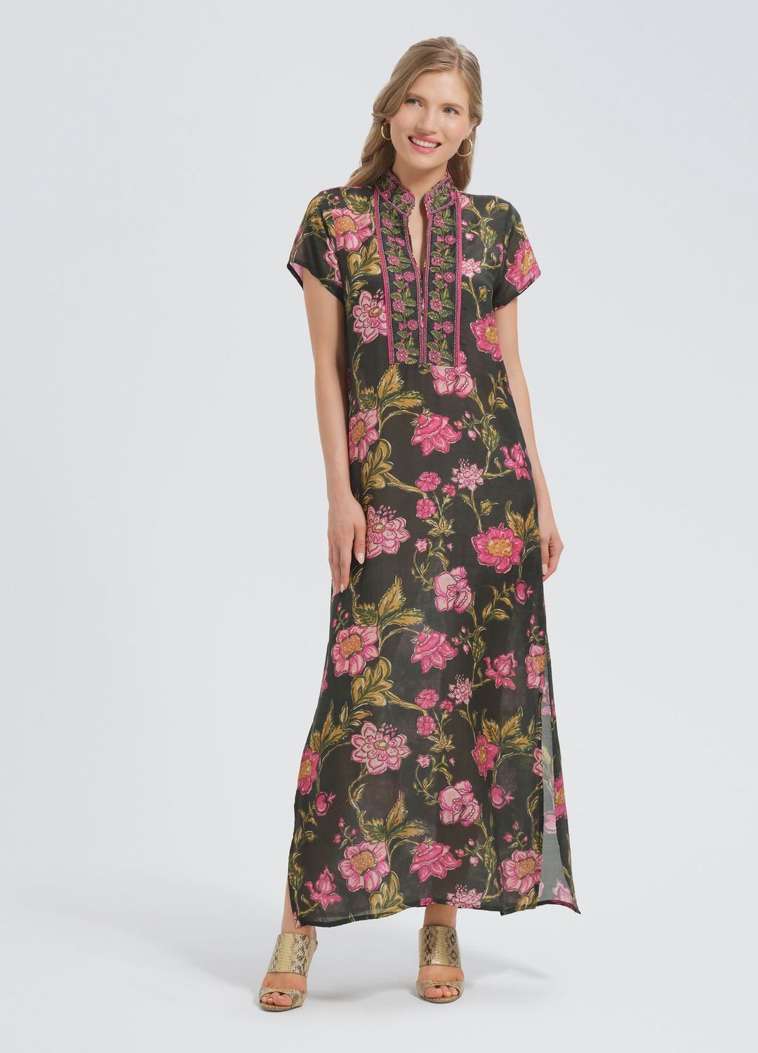 The Lana Cap Sleeve V Neck Beaded Floral Print Tunic Dress - Lila Pink